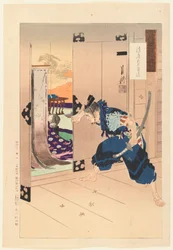 Mientras el hombre abre la puerta corrediza, espía a la bella durmiente de la serie Gekko Zuihitsu, 1887